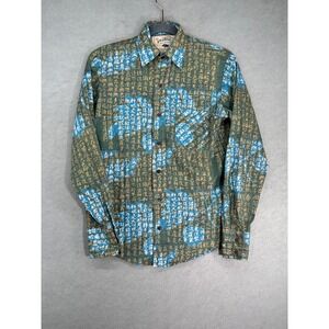 Western Aloha Mens XS Long Sleeve Button Down Shirt Japanese Script Green Blue